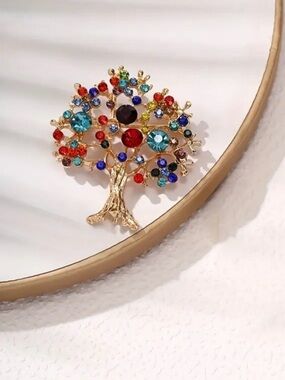 NEW! Gold Tree of Life Crystal Brooch — Multicolor Rhinestones Lucky Pin 🌳A3-94